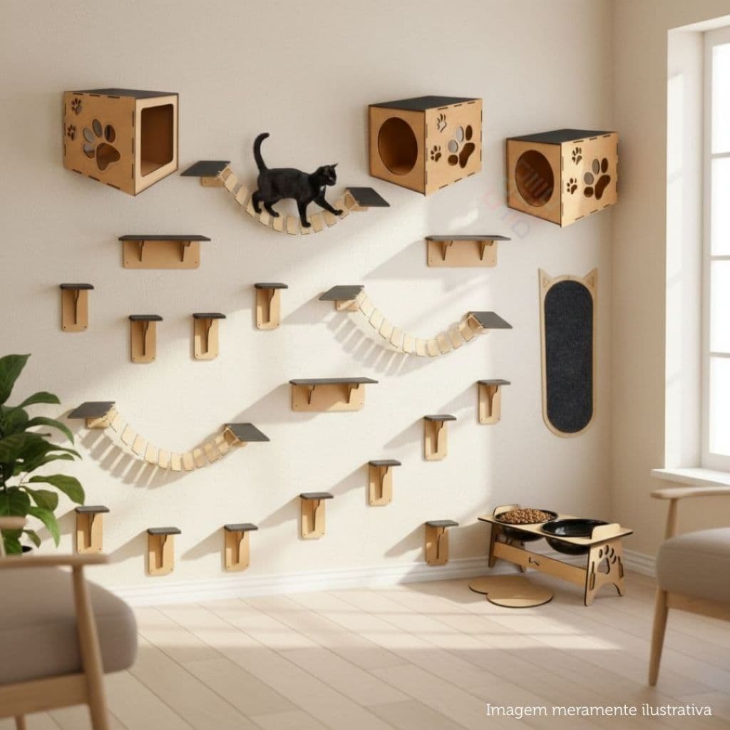 Circuito Vertical Kit Playground Para Gato Com 23 Peças Conjunto Completo Com Arranhador E Comedouro