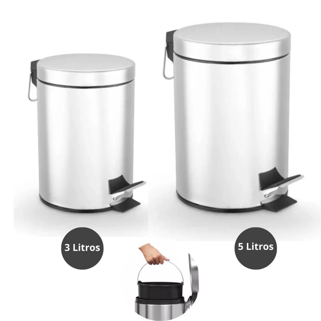 Lixeira Inox Com Pedal e Balde Removível Cozinha Banheiro Escritorio Cesto 3 e 5 Litros
