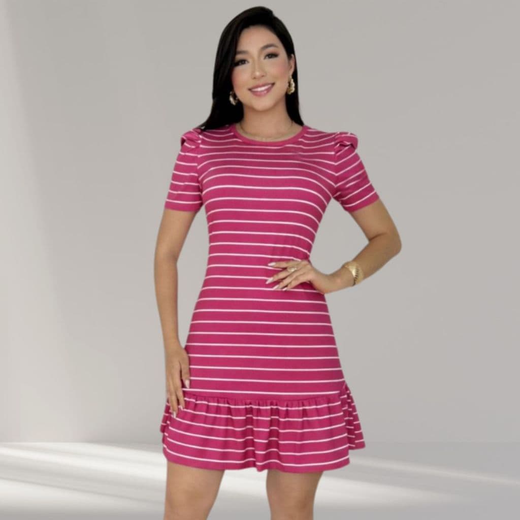 Vestido Feminino Soltinho Malha Manga Princesa Ribana Canelada Premium  Listrado com Babado