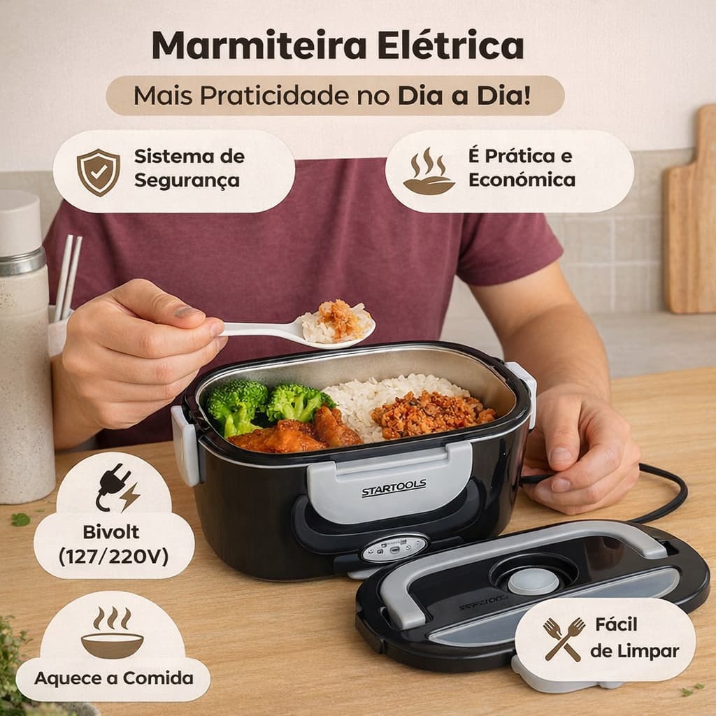 Marmita Elétrica Térmica Lancheira Portátil Bivolt Preta Ideal para Refeições Quentes no Trabalho
