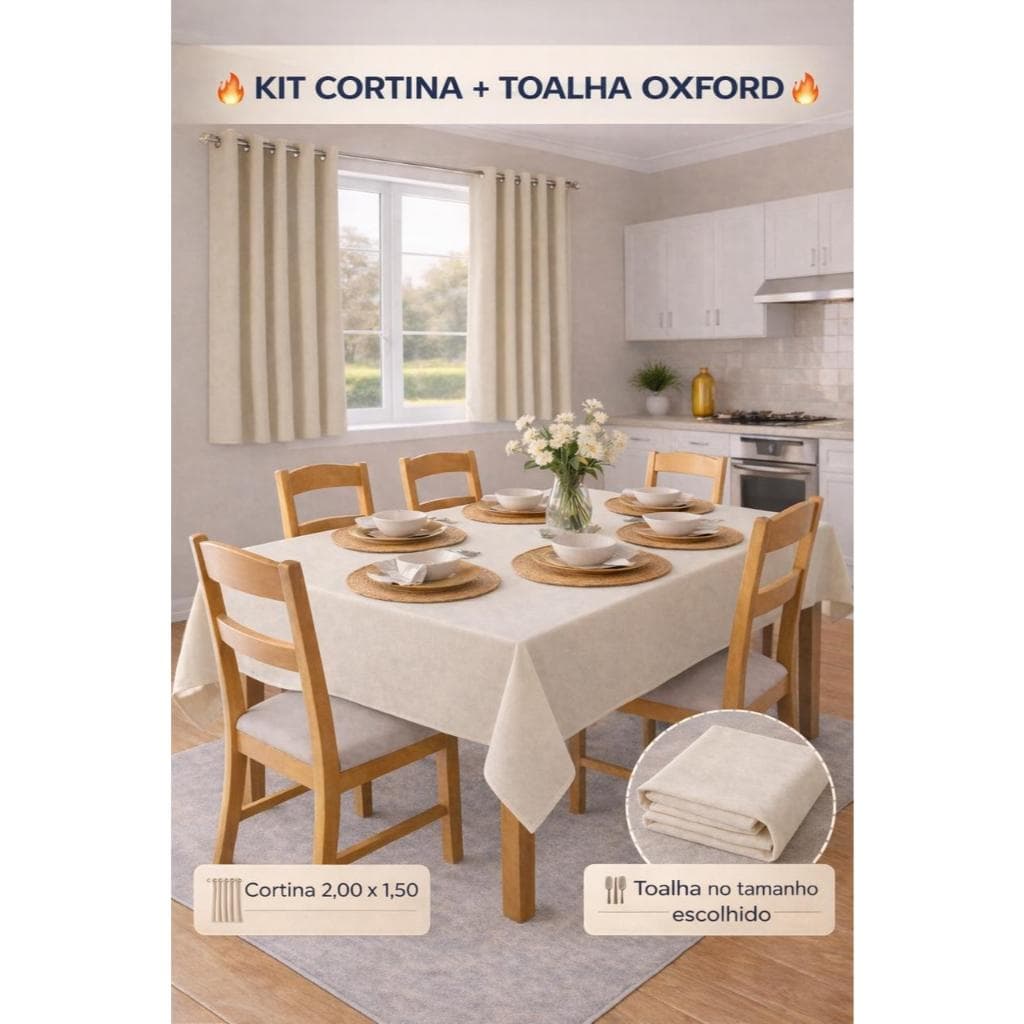 Kit Cortina 2,00x1,50 + Toalha de Mesa Oxford 4,6,8 e 10 Lugares | Várias Cores