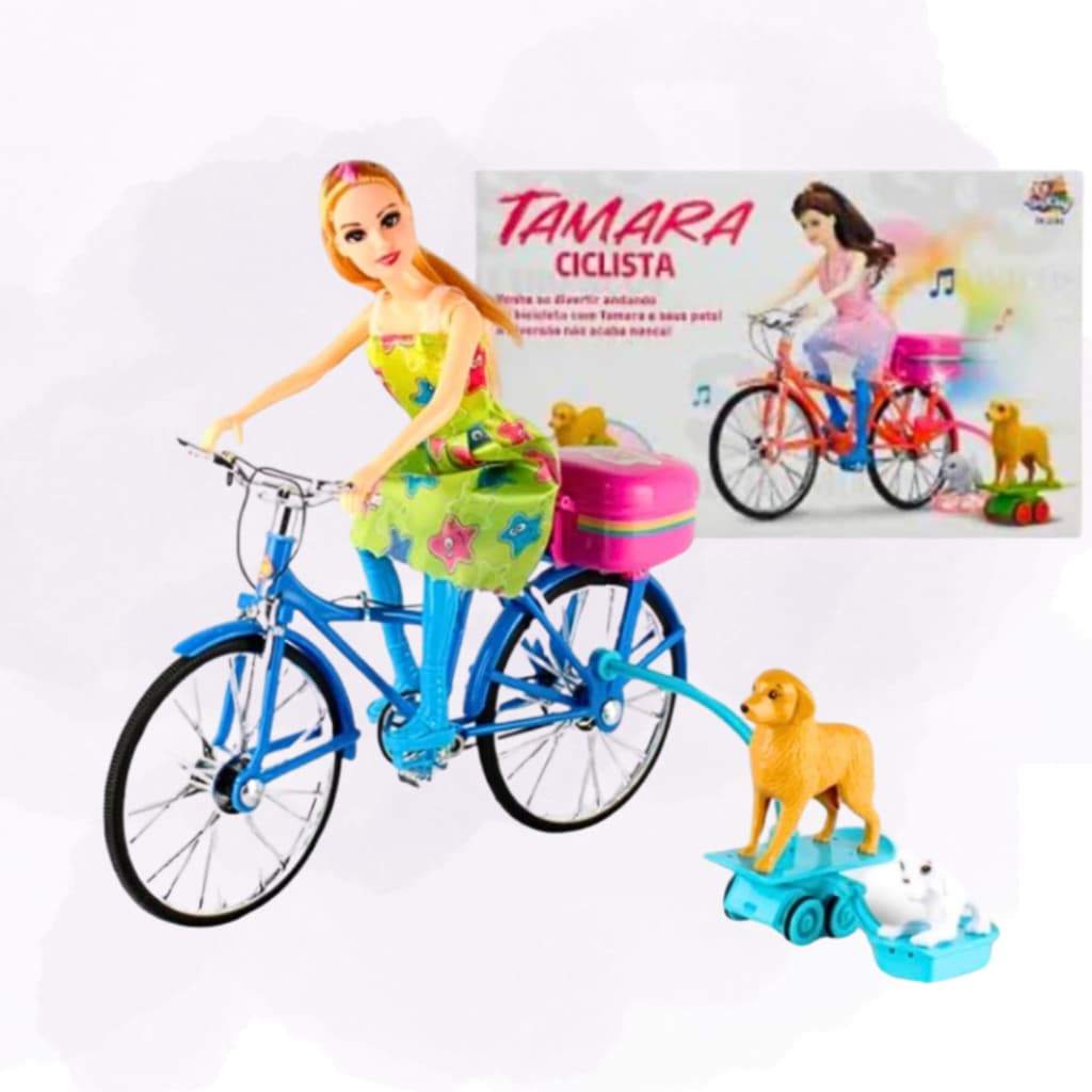 Boneca Ciclista Com Bicicleta E Cachorro Gira 360 Pedala Som Luz Infantil