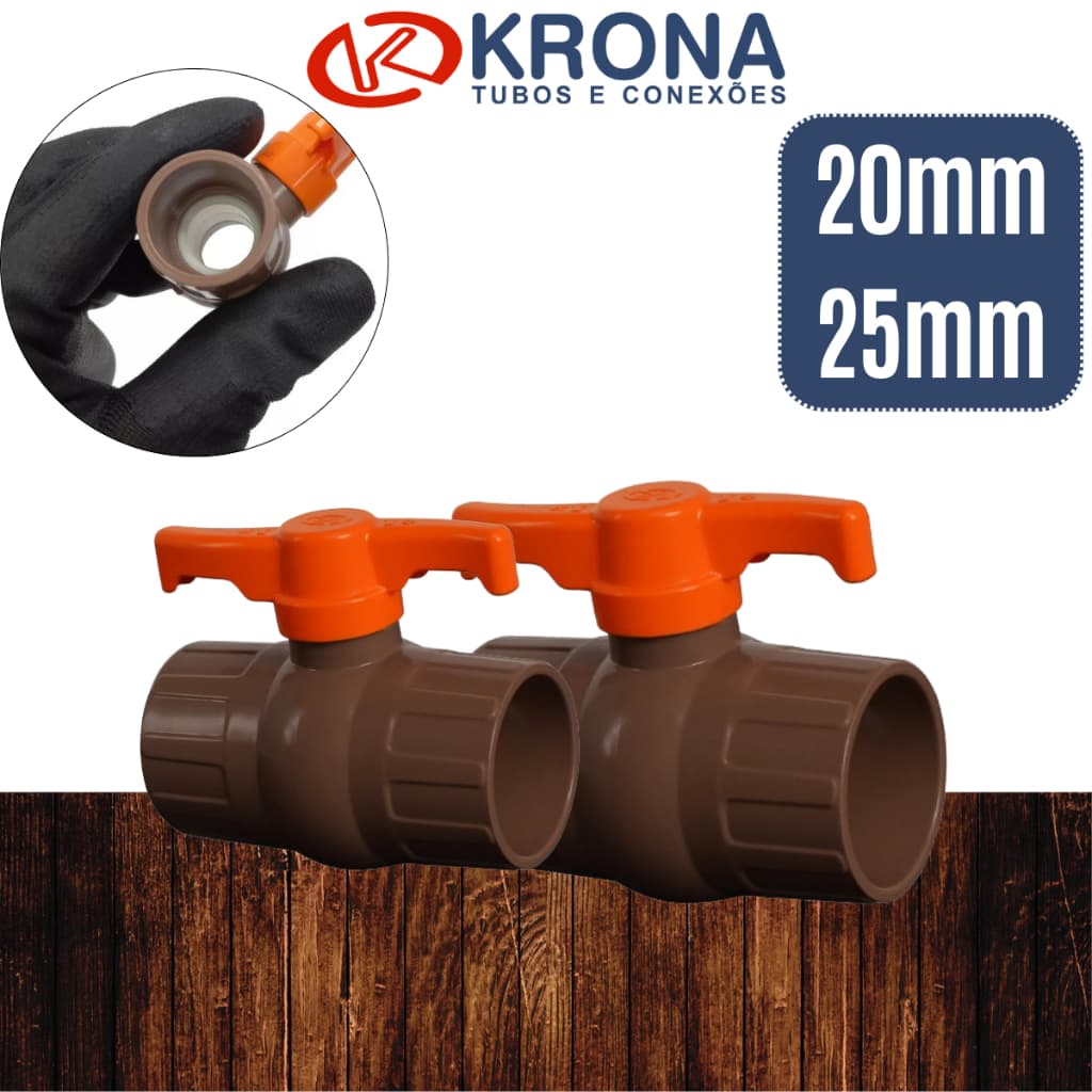 Registro de esfera 20mm 1/2" e 25mm 3/4" p/ tubos e cano de cola soldável PVC - Krona