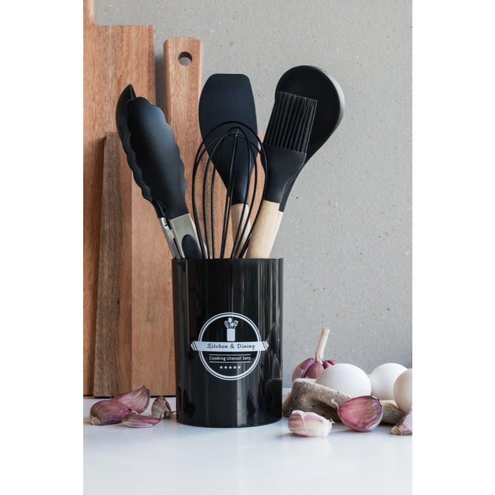 Kit de Utensílios de Cozinha Silicone e Madeira - 7 Peças Resistentes e de Qualidade