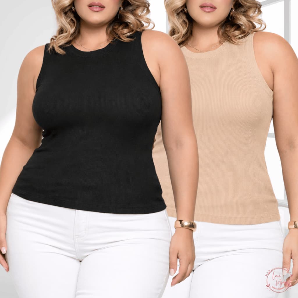 Regata Feminina Ribana Plus Size Ribana Versátil Gola Redonda