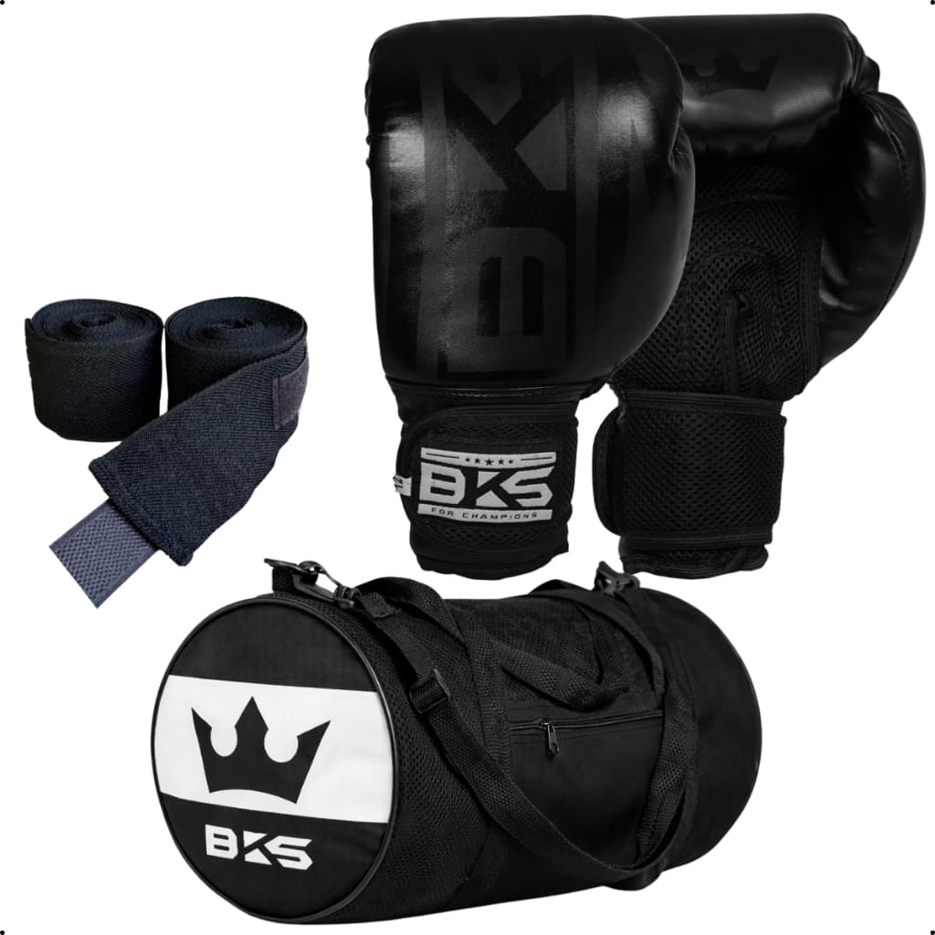 Kit BKS Luva Boxe 8/10/12/14/16oz Kickboxing Muay Thai Sparring Treino + Bandagem 3m + Bolsa Esportiva Academia