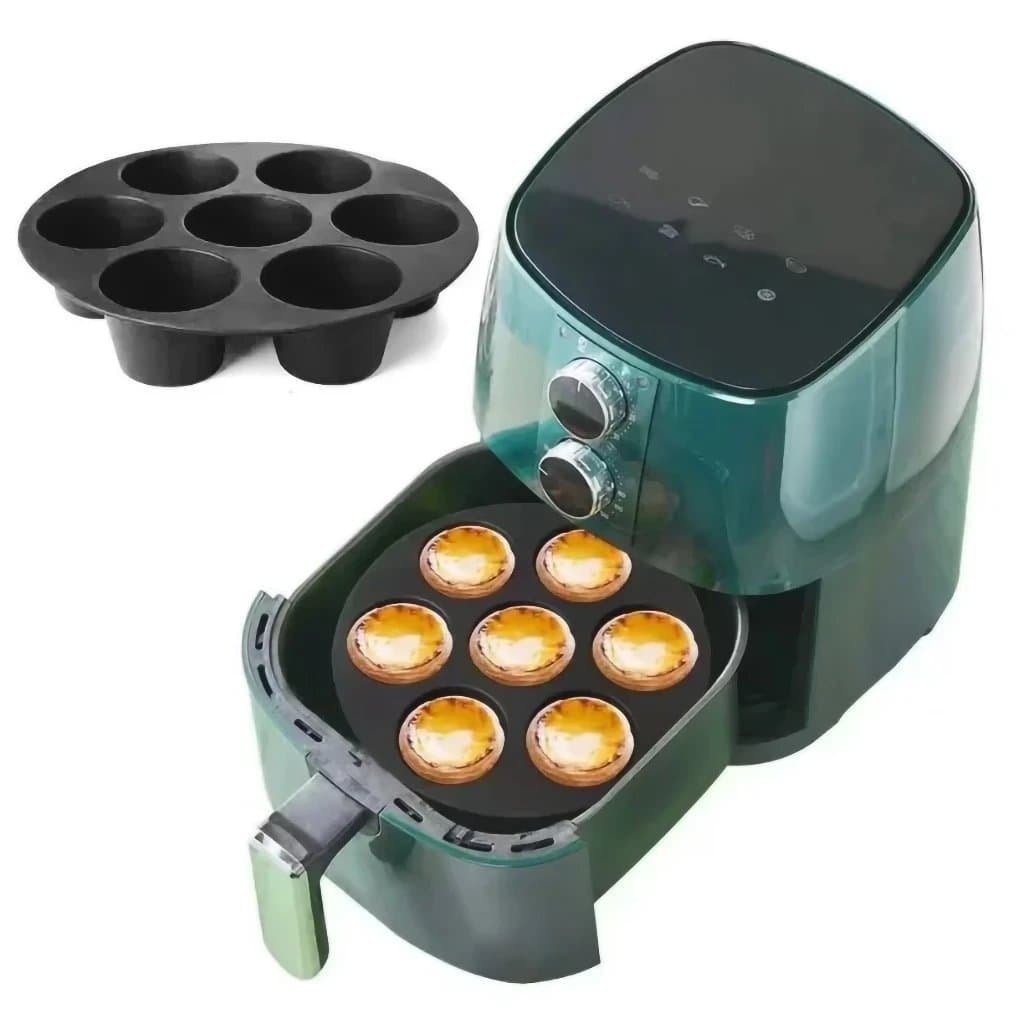 Forma de Silicone Redonda para Cupcake, 7 Cavidades, 21x21cm, para Air Fryer e Forno, Antiaderente