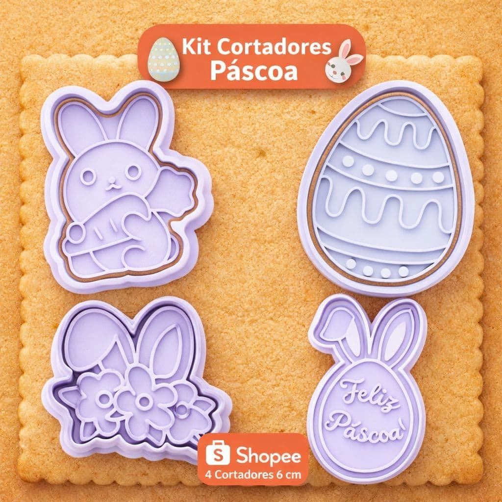 Kit Cortador de Biscoito Páscoa 4 Peças Coelho Ovo Cenoura Confeitaria - Cortadores Personalizados