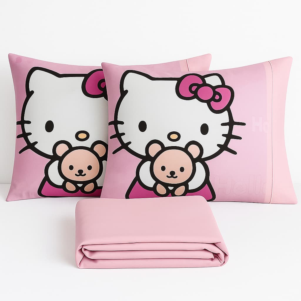 Jogo de Lençol com elástico e Fronha Ponto Palito 3 peças Queen  Hello Kitty Toque Macio