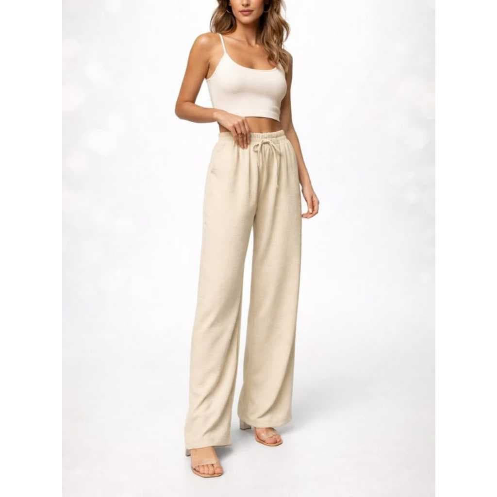 Ki 1 ou 2 Calça Pantalona Duna Cintura Alta Elástico Na Cintura Lisa Sem Bolso Cós Alto Básica Respirável Premium