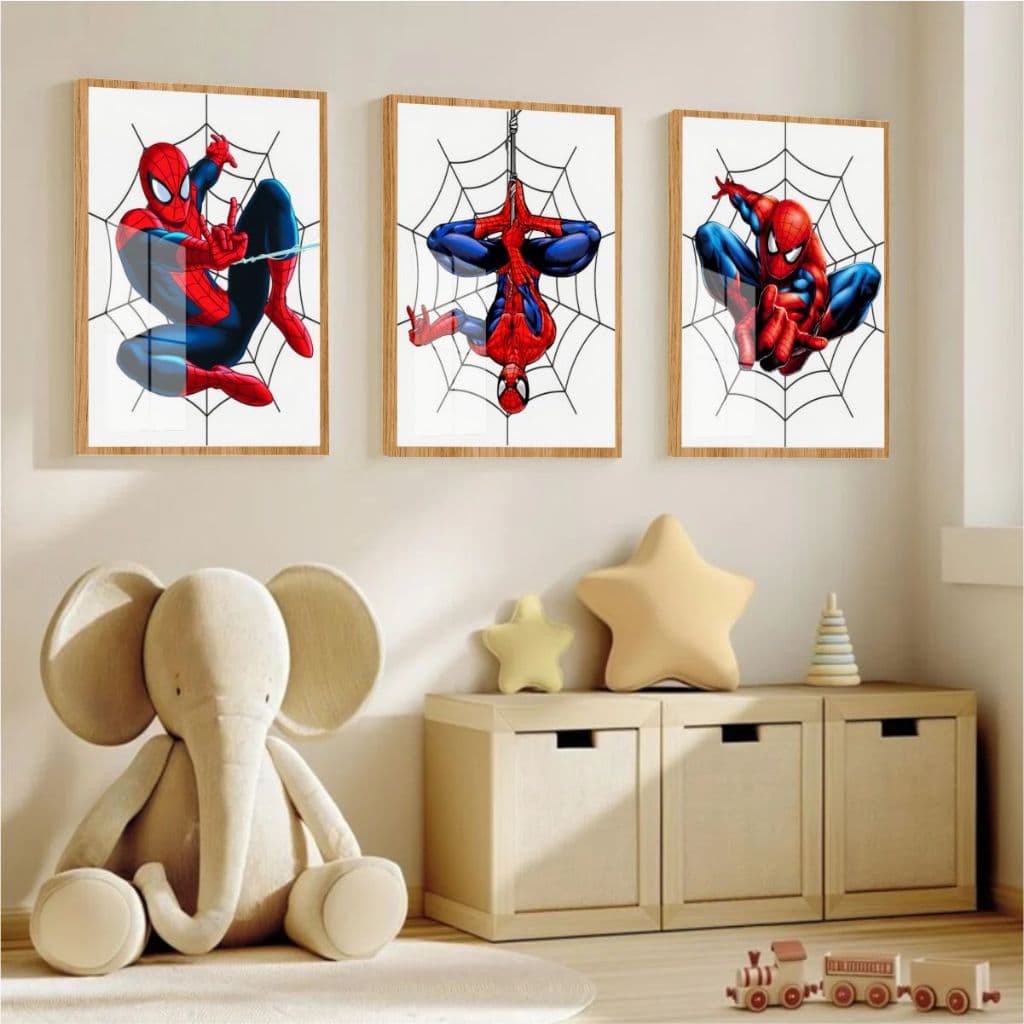 Quadro Moldura e Vidro Kit Três Peças Homem Aranha Ateando Teia Decoração Quarto Infantil Menino
