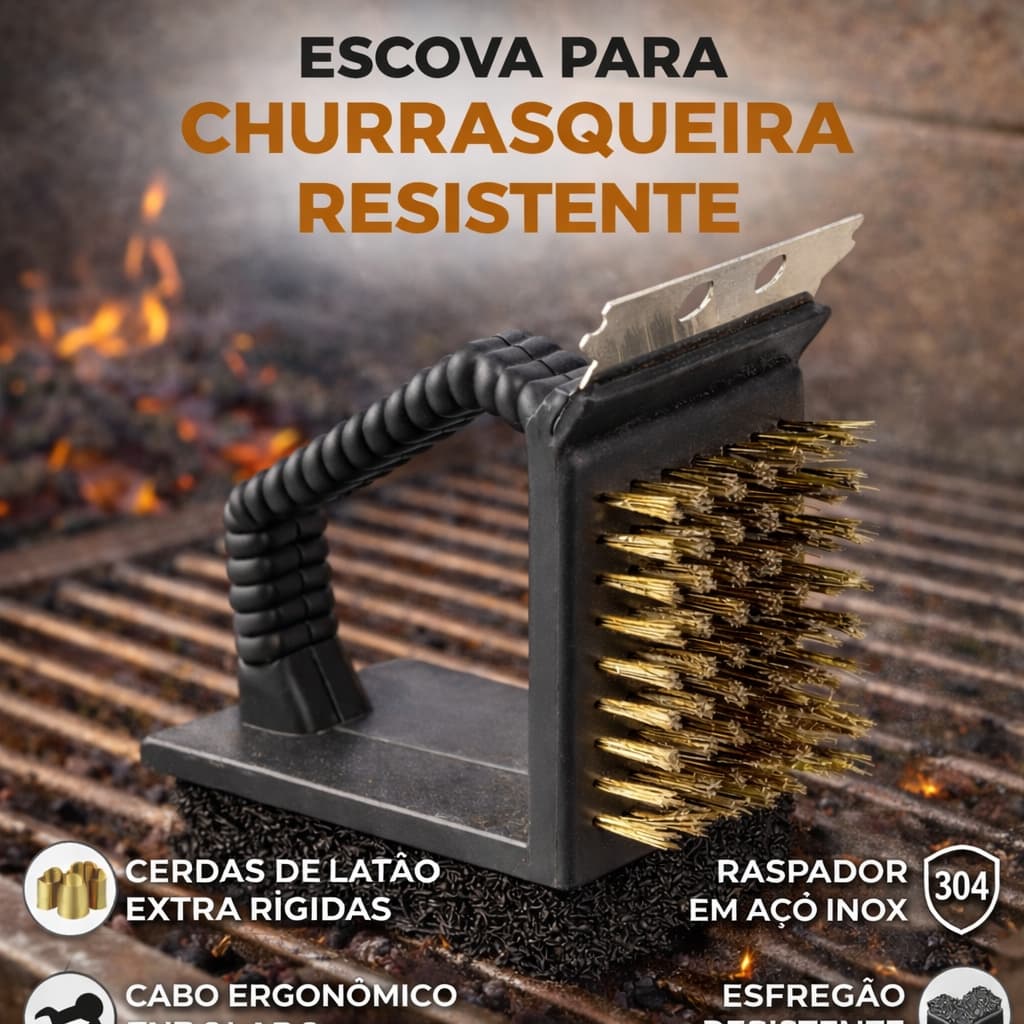 Escova Para Limpar Grelha Aço Inox 3 Em 1 Com Espátula e Esponja Abrasiva