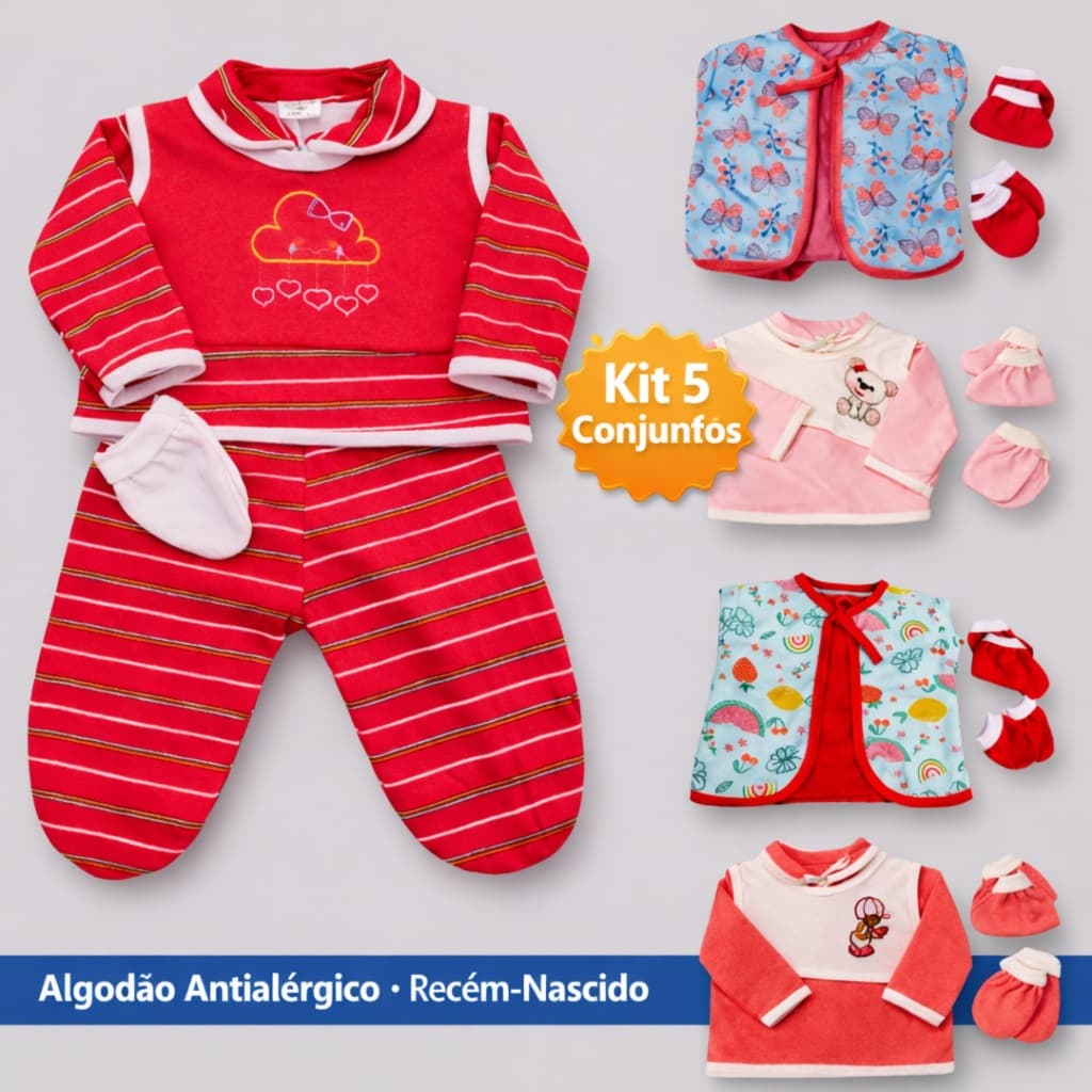 Kit 5 Conjuntos Bebê Menina Recém Nascido Enxoval Maternidade Algodão Antialérgico Macio RN