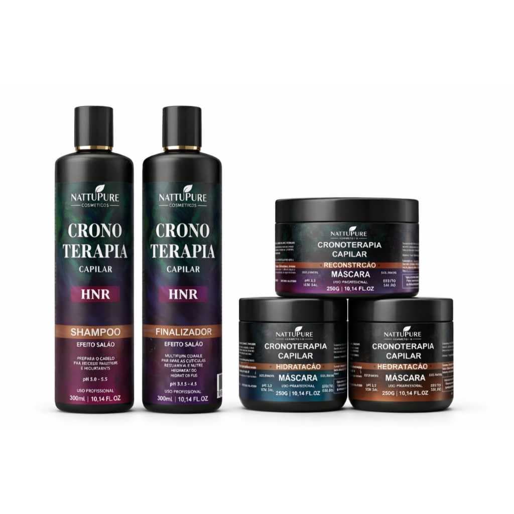 Kit Cronoterapia Capilar Nattupure – HNR Shampoo + Finalizador + Máscaras (Hidratação e Reconstrução)