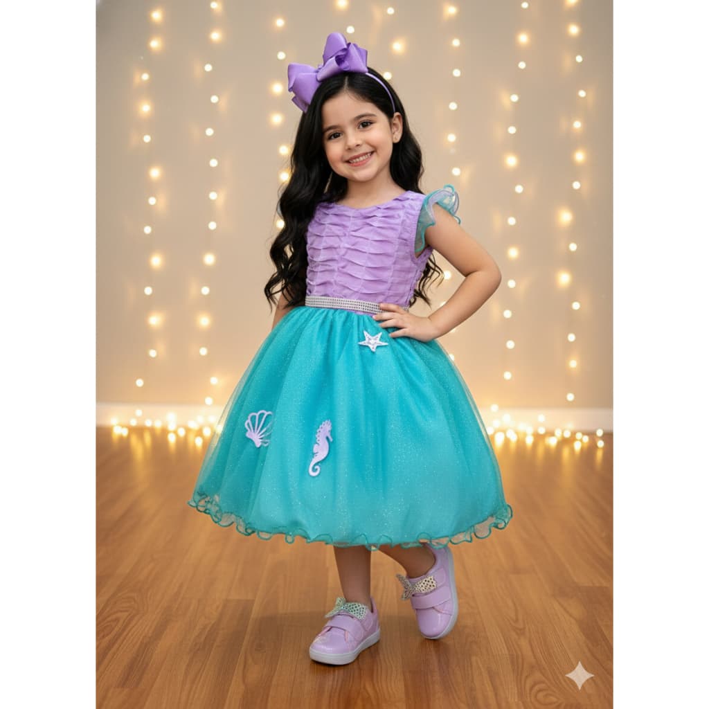 Vestido Infantil Ariel Sereia Lilás Mar Aniverário Temático Luxo