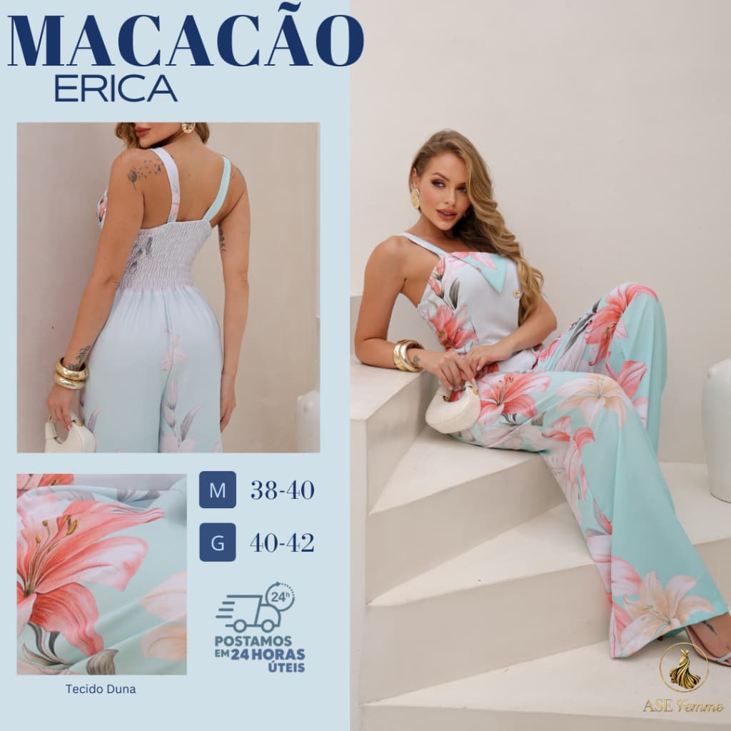 Macacão Feminino Social Estampado com Recorte Estruturado com uma aba Triangular, Botões Decorativos