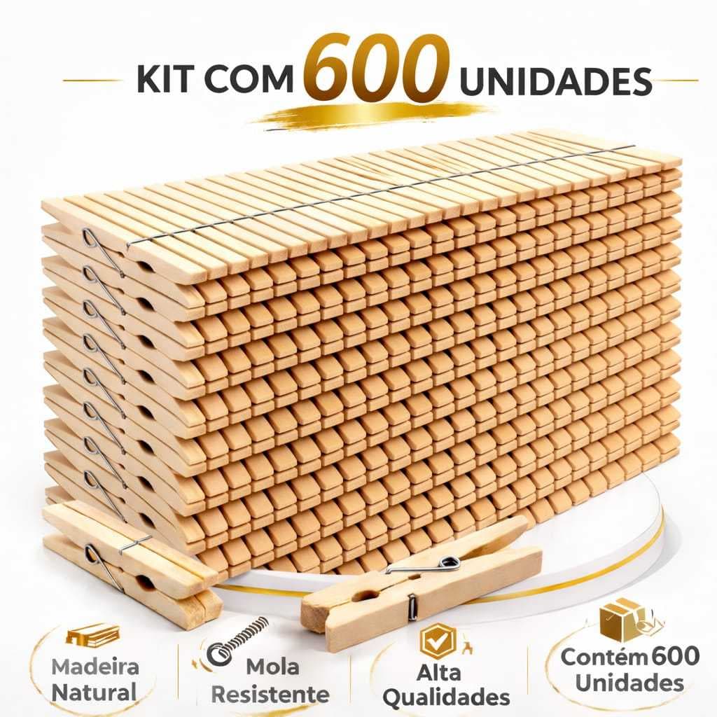 Prendedor de Roupa de Madeira Reforçados Kit com 600 Antideslizantes para Varal