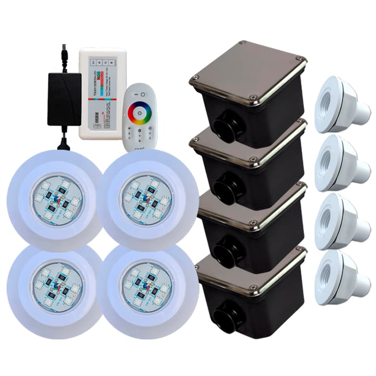 Kit Iluminação Refletor 4 Led 9w Rgb Piscinas Controlador Touch + Fonte E Caixa de Passagem