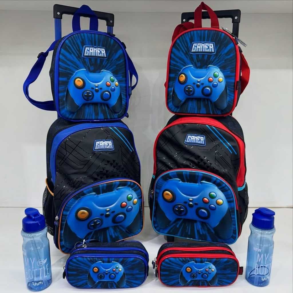 Kit Infantil menino Gamer - 4 peças Mochila carrinho/ Estojo/ lancheira e garrafinha-novario/tututti