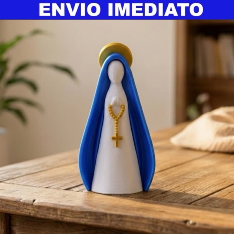 Escultura Decorativa Nossa Senhora com Manto Azul e Halo Dourado