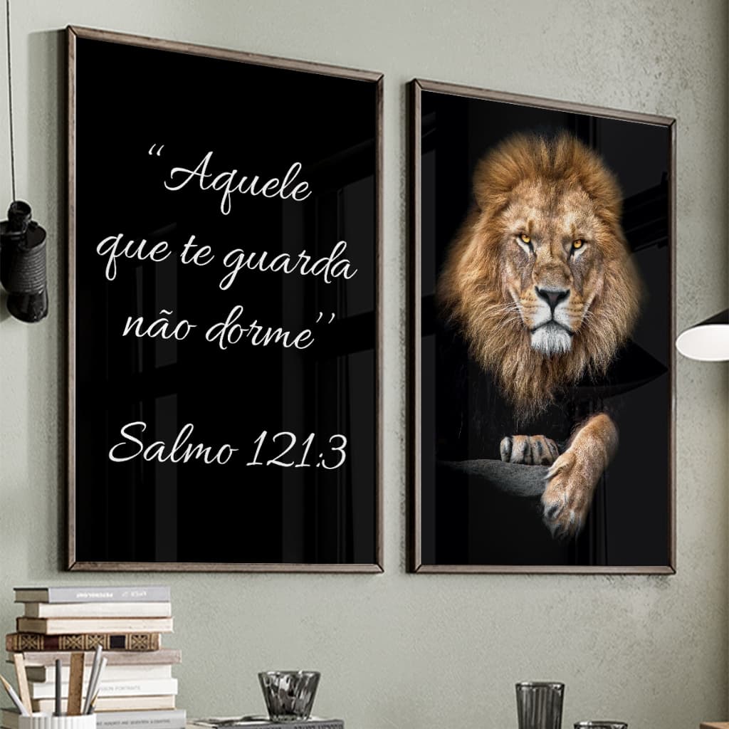 Kit 2 Quadros Decorativos com Moldura Sala Quarto Duo Leão de Judá Salmo Não Dorme Salmo Vidro