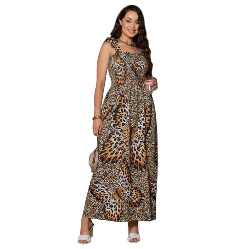 Vestido Longo Feminino Estampa Exclusiva Borboleta Animal Print - Leveza e Elegância