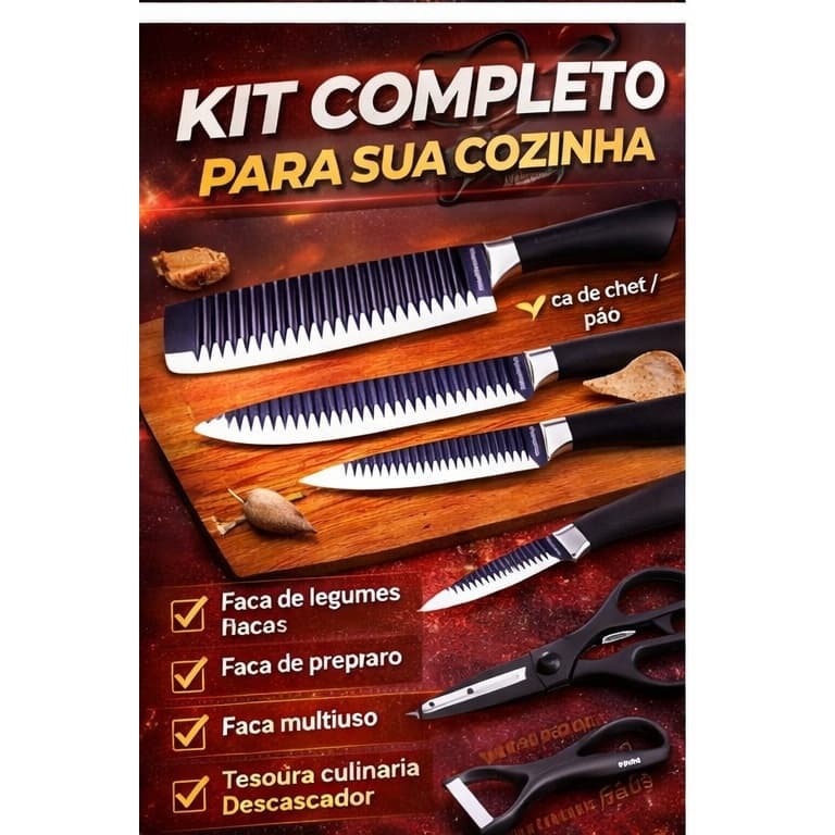 Kit Facas 6 Peças Multilaser MI-5041 + Tesoura + Descascador Conjunto Cozinha Profissional