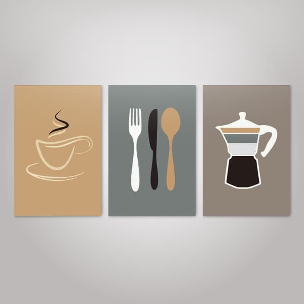 Quadro Decorativo Cozinha Café Xícara Talheres Bule Parede Decoração Dona De Casa Kit 3 Peças