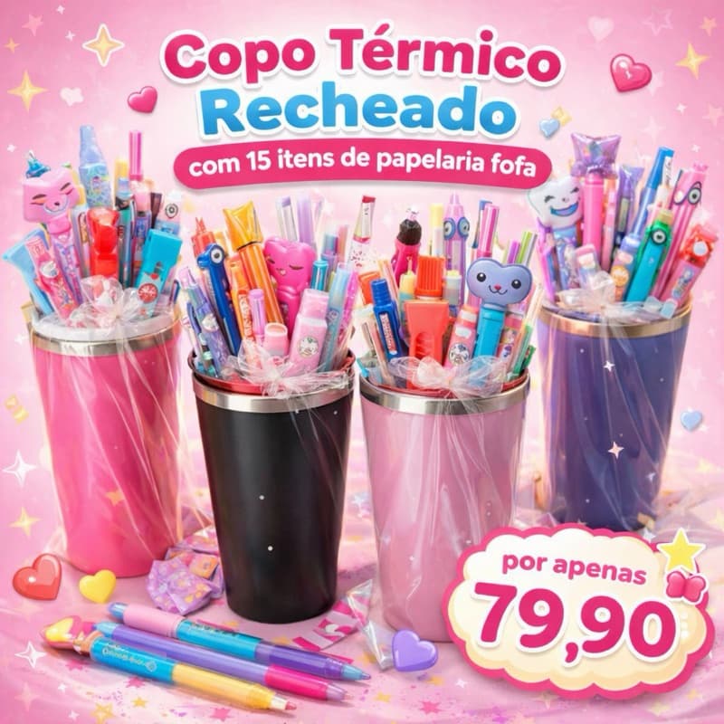 ✨💖 COPO TÉRMICO RECHEADO + 15 ITENS DE PAPELARIA FOFA 💖✨