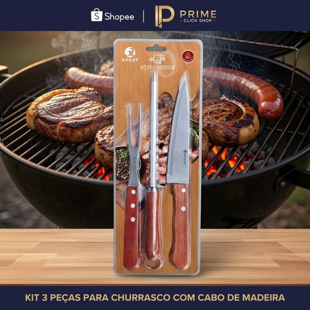 🥩Kit Churrasco 3 Peças Aço Inox Faca Garfo Chaira Cabo Madeira Amolador Profissional Gourmet