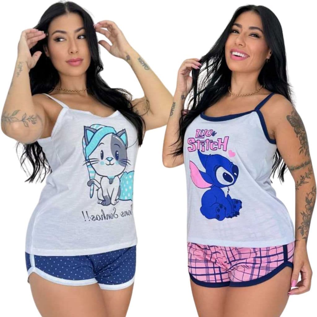 Kit 2 Conjuntos Baby Doll Alcinha Estampado Short Blusa Confortável Dormir Verão