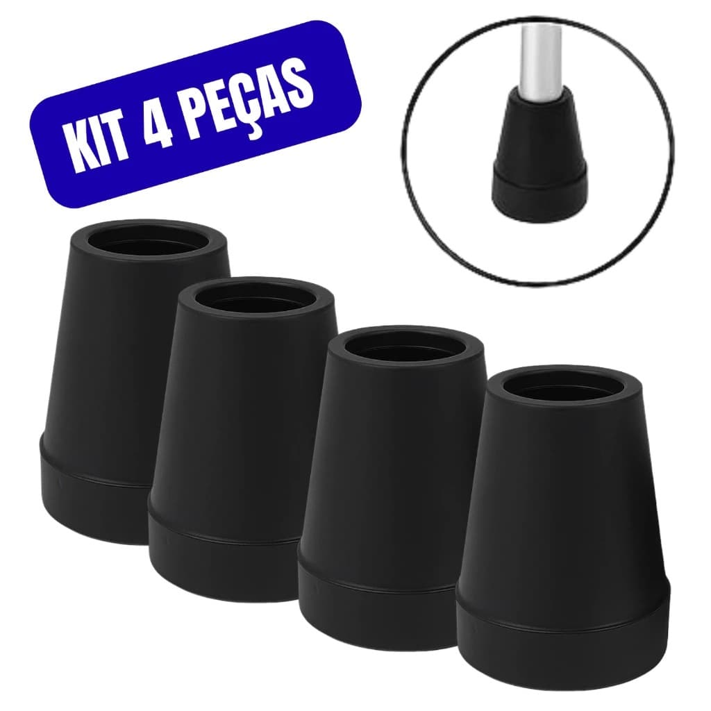 Kit 4 Peças Ponteira Pé Borracha 7/8 Bengala Muleta Andador Preto