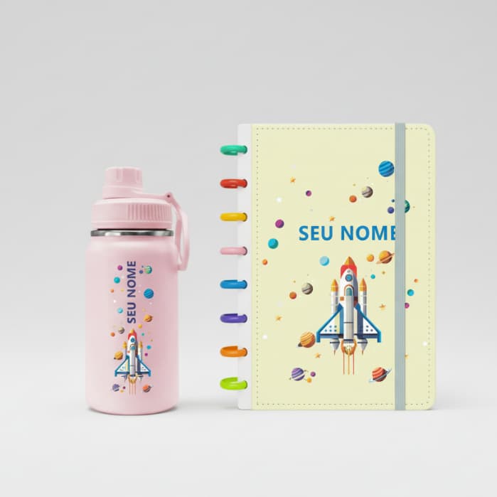 Kit Caderno/Planner de Discos Personalizado A5 e Garrafa Fresh Térmica 350ml  - Kit Explorador do Universo k1-012