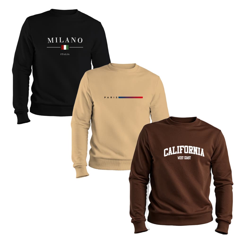 Kit 3 Blusa Moletom Masculino Milano Paris California Gola Redonda Inverno Casual