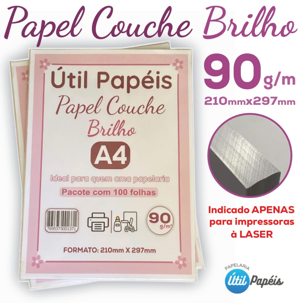 Papel Couche Brilho 90g A4 - Pacote com 100 folhas Branco Liso Brilho Dupla Face 210x297mm P/ Laser