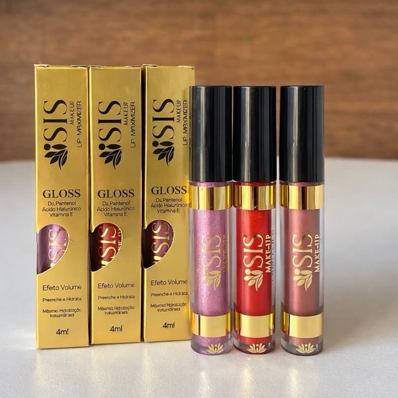 Kit 3 peças Gloss Ouro Big Efeito Volume Aumenta a Boca Máxima Hidratação Isis Makeup