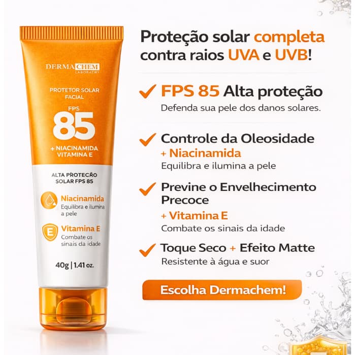 Protetor Solar Facial 85 FPS Efeito Matte Antioleosidade Clareador com Niacinamida e Vitamina E Dermachem