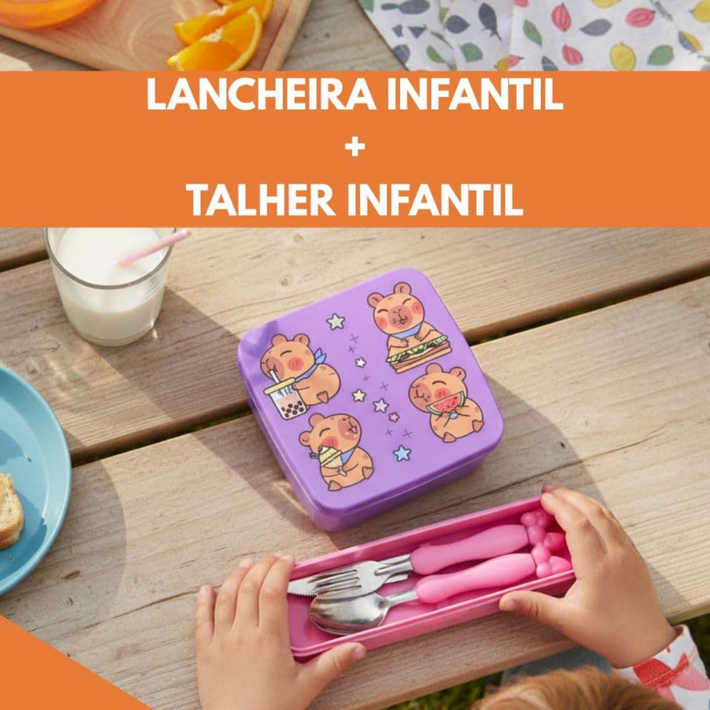 Lancheira e Estojo Talheres Infantil Diversão Alimentação Escola Criança Desenho Menina Creche
