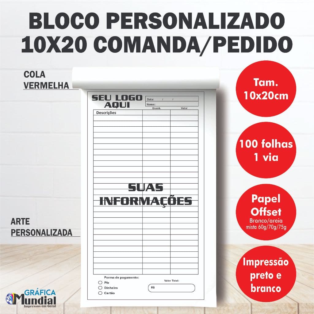 Blocos Comanda Personalizado, 10x20,  100folhas cada bloco, Papelaria Anotações Blocos de notas