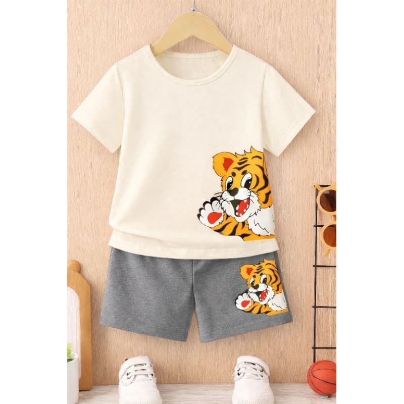 Conjunto infantil menino 2 peças camiseta regata e bermuda moletinho Tactel estiloso dia a dia estampados tigre