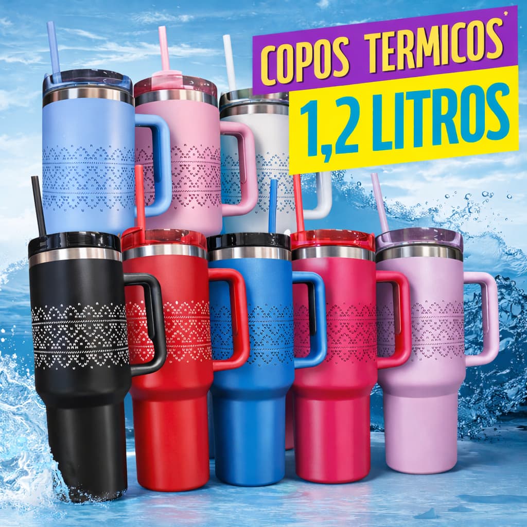 Copo Térmico Inox 1200mL 1.2L Com Canudo Caneca Garrafa Térmica Arabesco Protetor Anti-vazamento