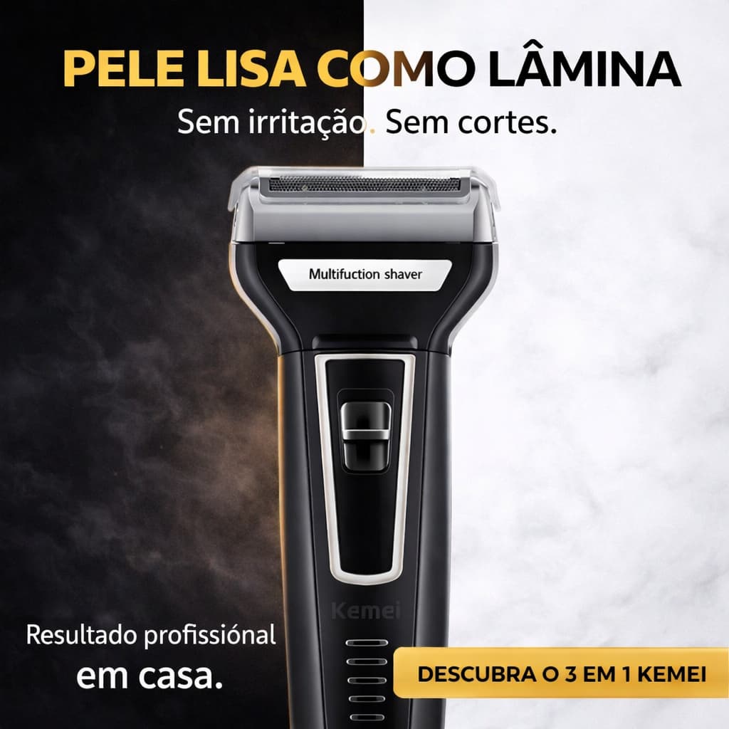 Aparador de Barba Kemei 3 em 1 Recarregável Bivolt Barbeador e Nariz