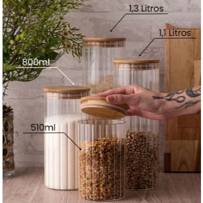 Kit 4 Potes 700ml 1.000ml 1.400ml 1.800ml Hermetico Vidro Borossilicato Listrado com Tampa de Bambu