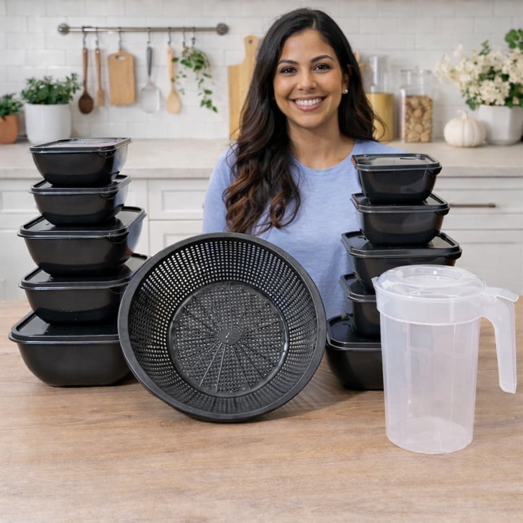 Kit Completo 12 Peças Conjunto Pote Plástico Preto Quadrado 10 peças + 1 Escorredor + Jarra Cristal