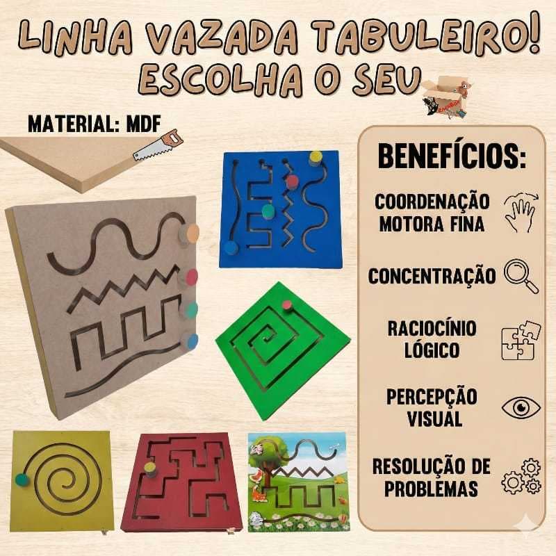 Brinquedo Pedagógico Educativo Em Madeira Tabuleiro Linhas Vazadas - Painel Psicomotor