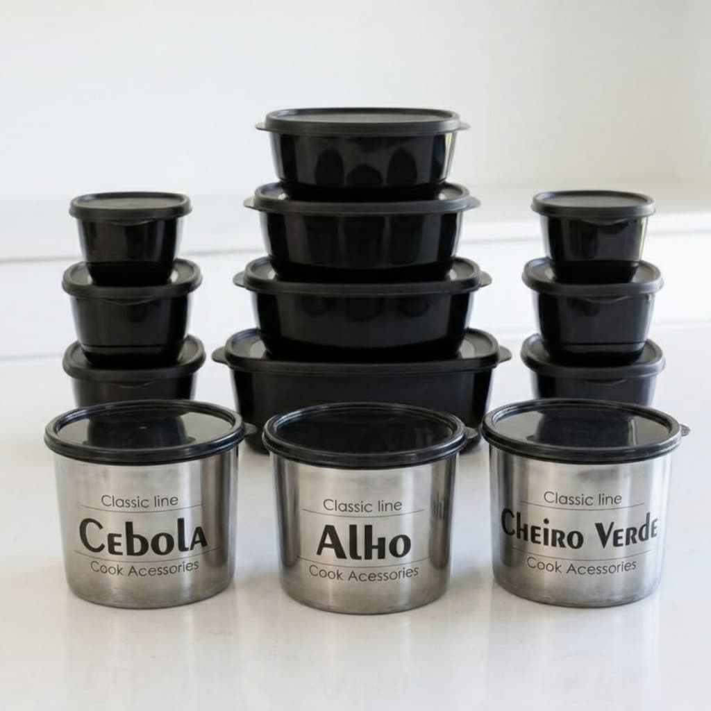 Pote de Plástico com Tampa Hermética Kit 13 Peças Porta Condimentos Micro-ondas Preto