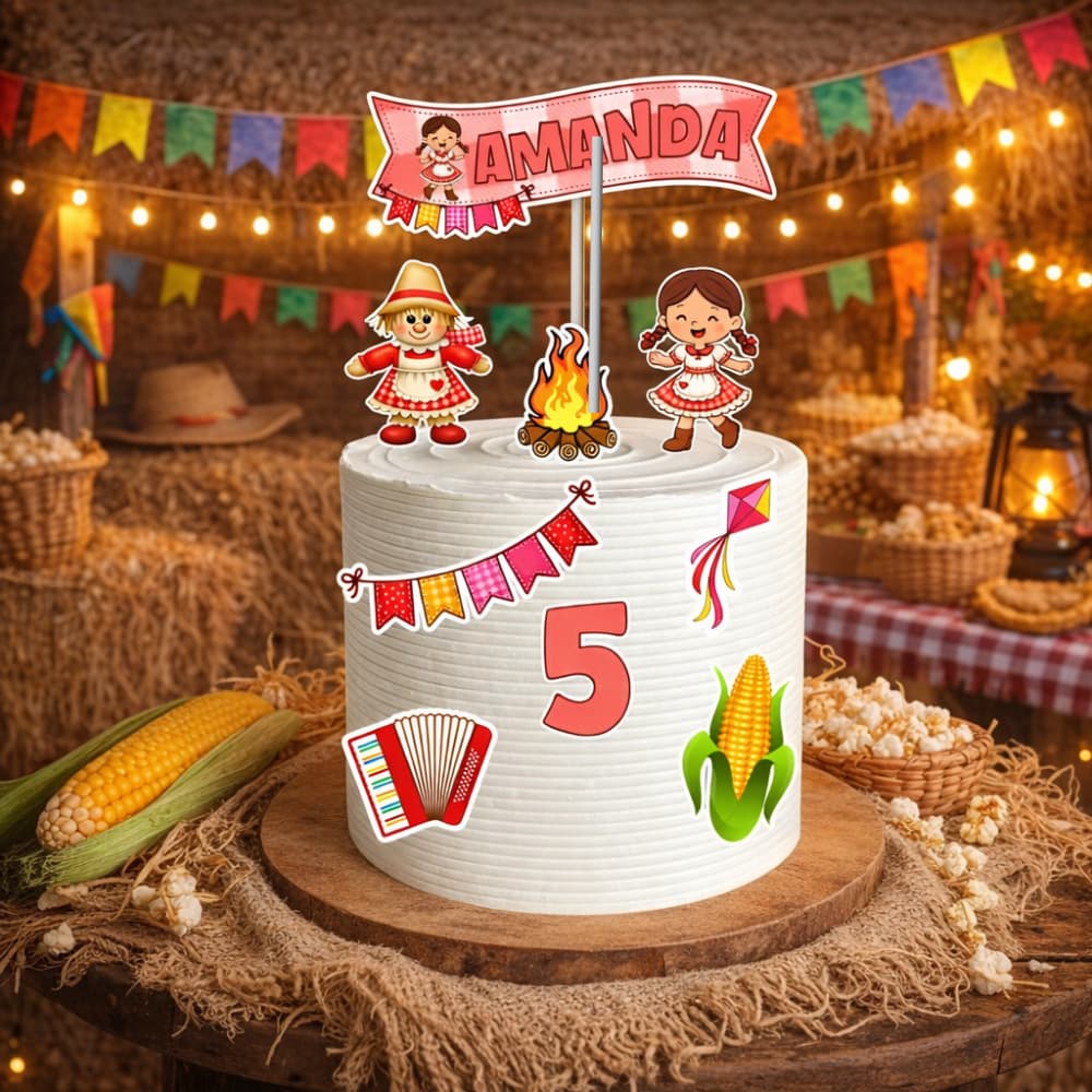 Topo de bolo arraiá festa junina Menina - Topper junino - Decoração de bolo junino