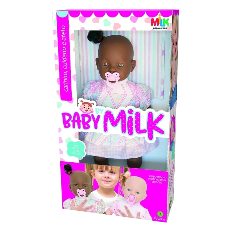 Boneca Baby By Milk com Chupeta e Roupinha Vinil Super Macio Milk Brinquedos Negra ref.976