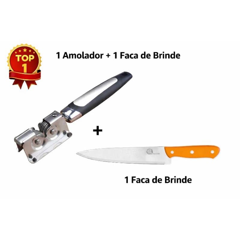 Afiador de Facas Aço Inox + 1 Faca de 8 polegadas de brinde, com Afiação Precisa para Facas, Canivetes e Tesouras