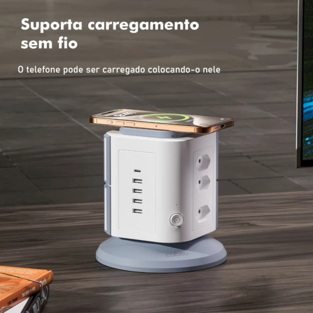 Torre de Tomadas Branca – 9 Tomadas + 4 USB + 1 Type-C Cabo 2m Proteção Contra Sobrecarga